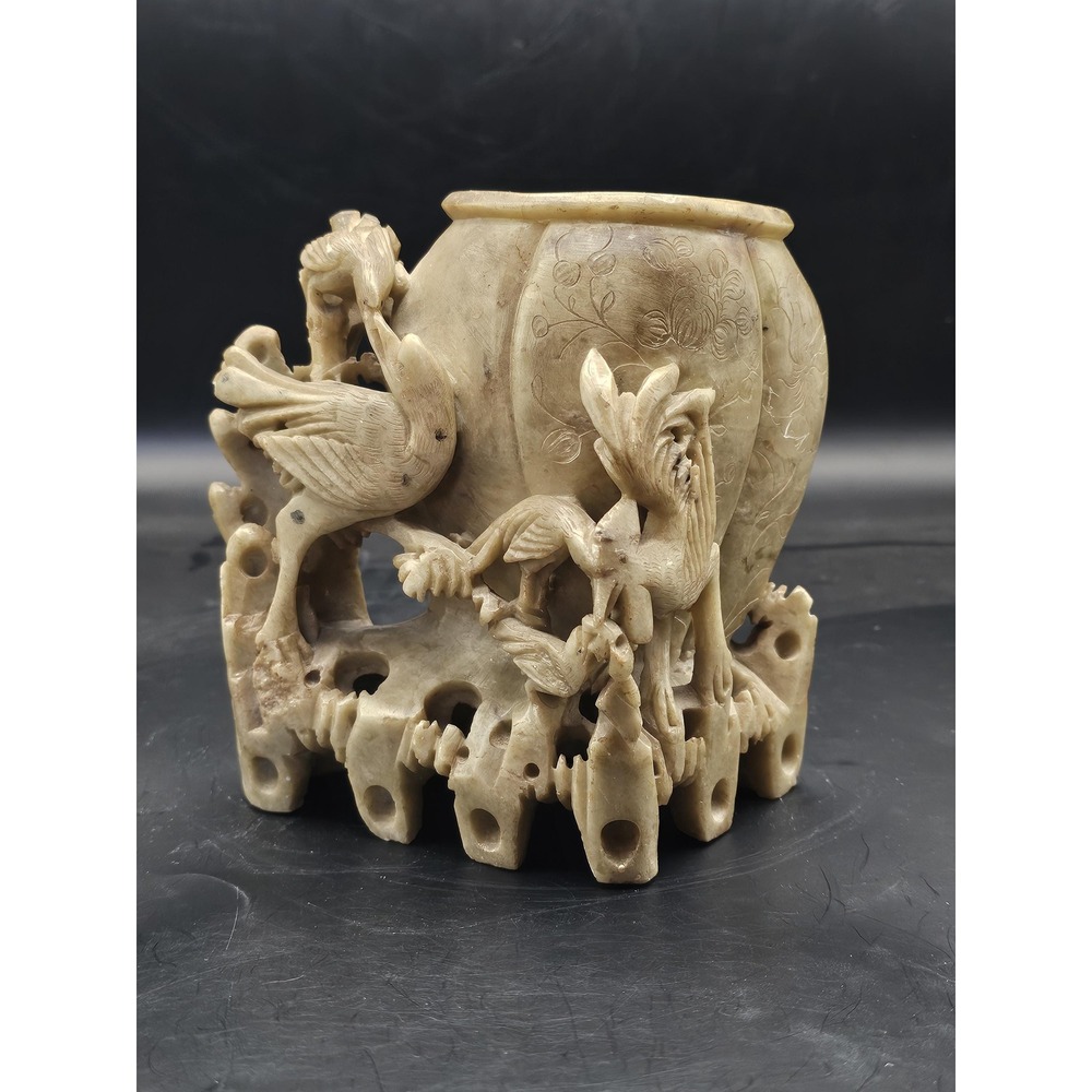 Vintage Chinese Soapstone Vase Hand Carved Baby Birds Light Green 5in SIGNED